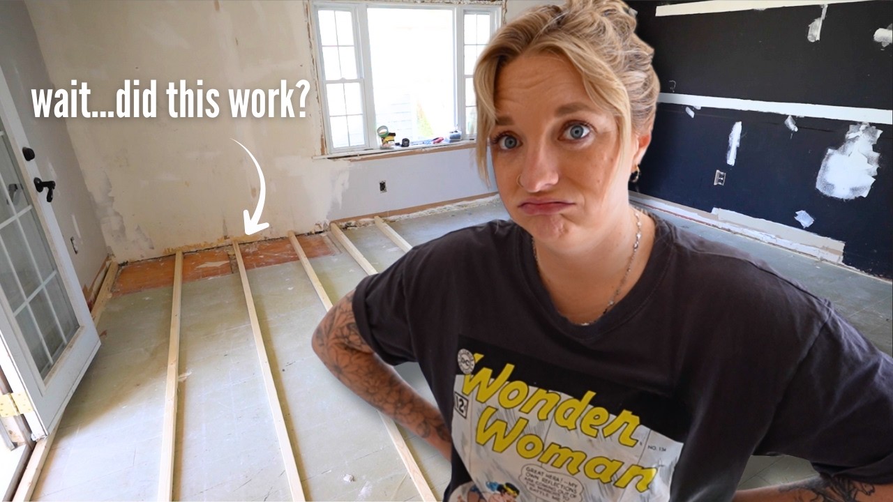 YouTube post by @diyinprogress for ISOtunes. Caption reads: How I Fixed My Slanted Floor In One Day!.