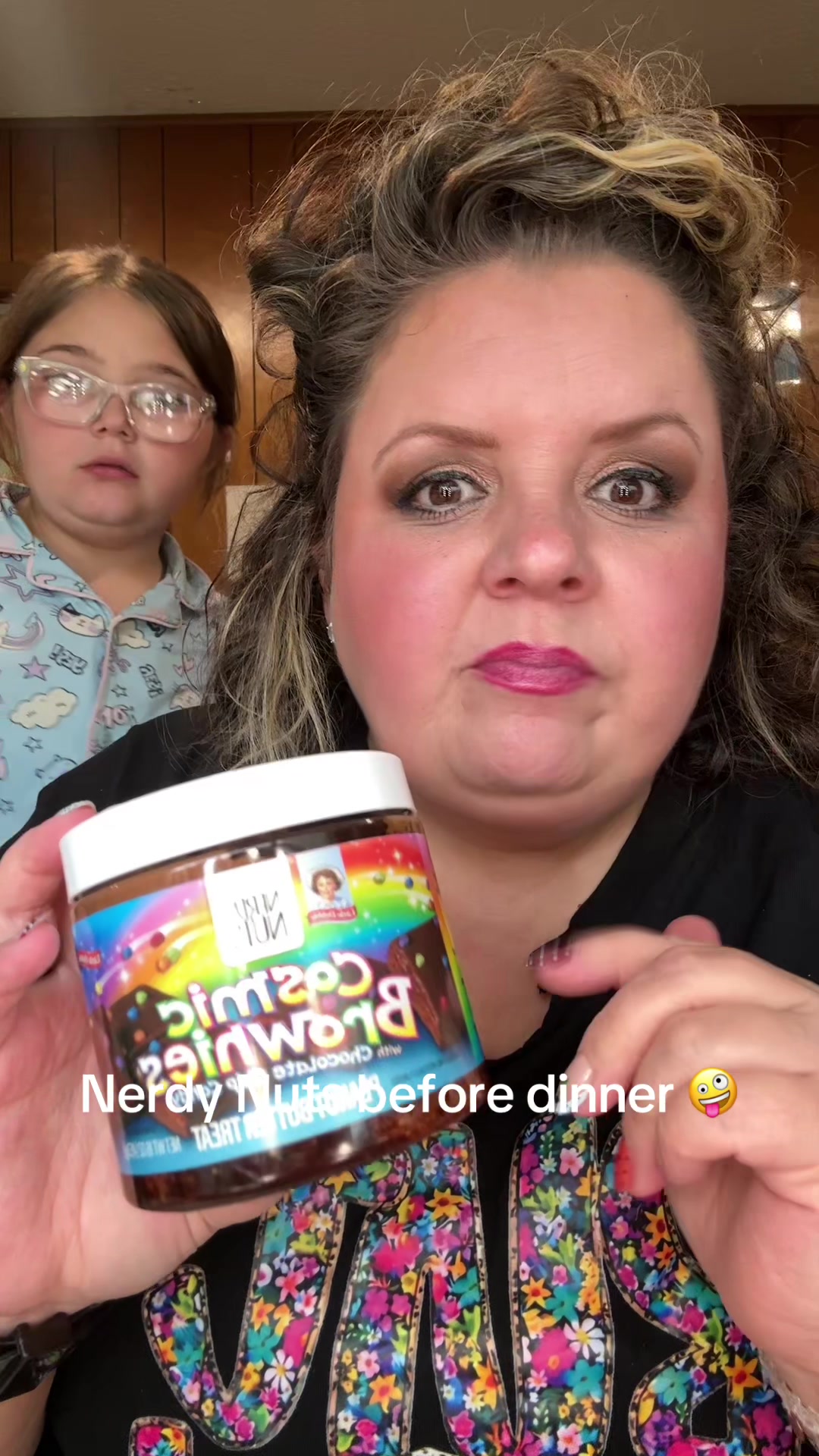 TikTok post by @reallifewithrachelp for Nerdy Nuts. Caption reads: Nerdy Nuts before dinner! #cosmicbrownie [...].