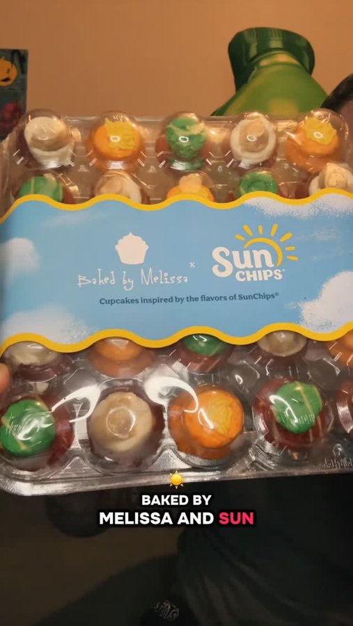 Instagram post by @markie_devo for Baked by Melissa. Caption reads: Baked By Melissa X Sun Chips Cupcake flavors....