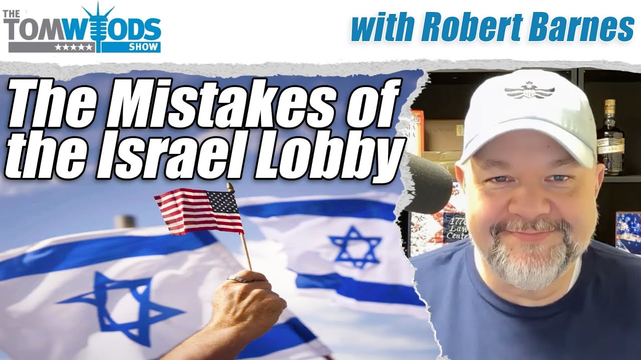 YouTube post by @TomWoodsTV for Omaha Steaks. Caption reads: Robert Barnes on the Mistakes of the Israel Lobby....