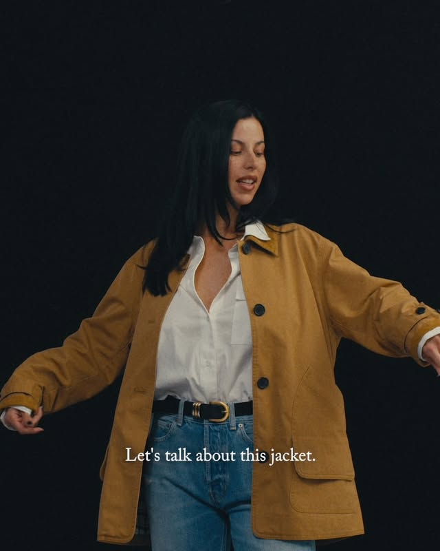 Instagram post by @victoriavillarroel for J.Crew. Caption reads: Barn jacket- elevating looks since 1986 @jcrew....
