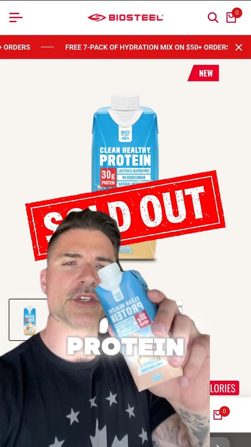 Instagram post by @dancrosbyceo for BIOSTEEL. Caption reads: [...] the restock? 👀⏰ #cleanhealthyprotein....