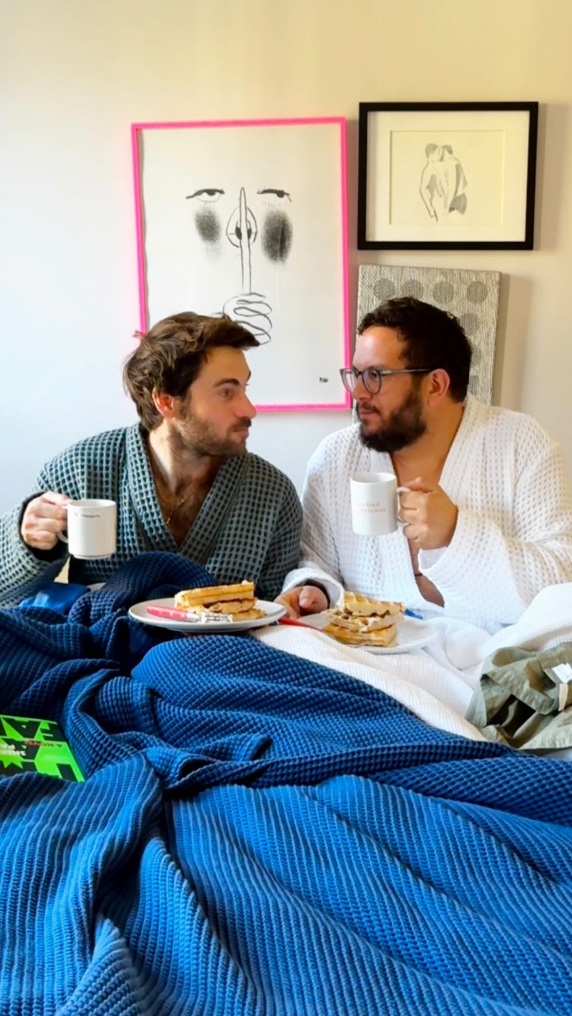 Instagram post by @grossypelosi for Brooklinen. Caption reads: I’m feeling waffle-y excited for breakfast in bed....