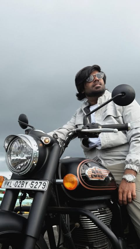 Instagram post by @amal_keerthi_ for Royal Enfield. Caption reads: [...] of giving an AD📽️ Shoot for the....