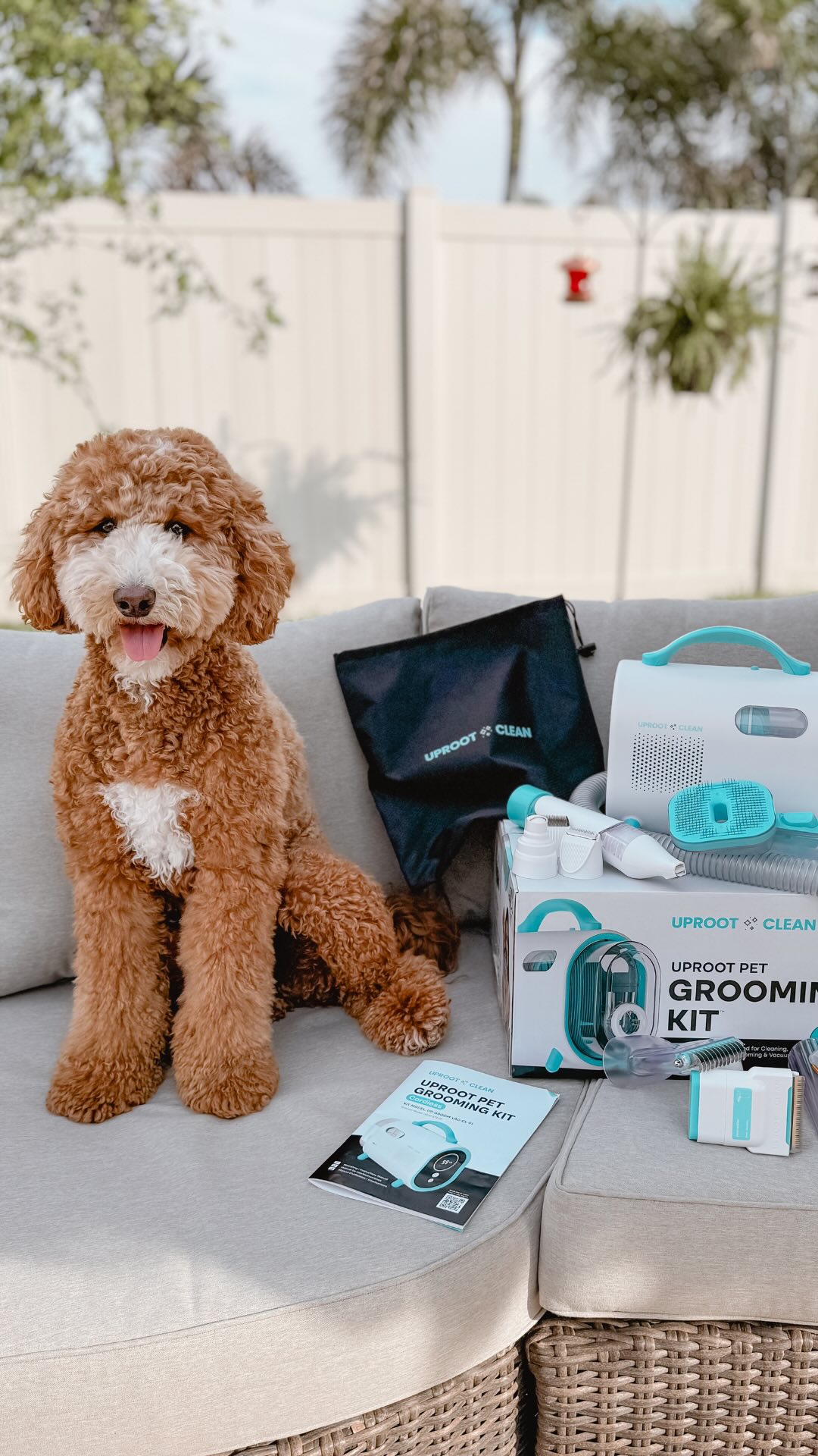 Instagram post by @hazel.the.labradoodle for Uproot Clean. Caption reads: The @uprootclean grooming kit is an absolute game....