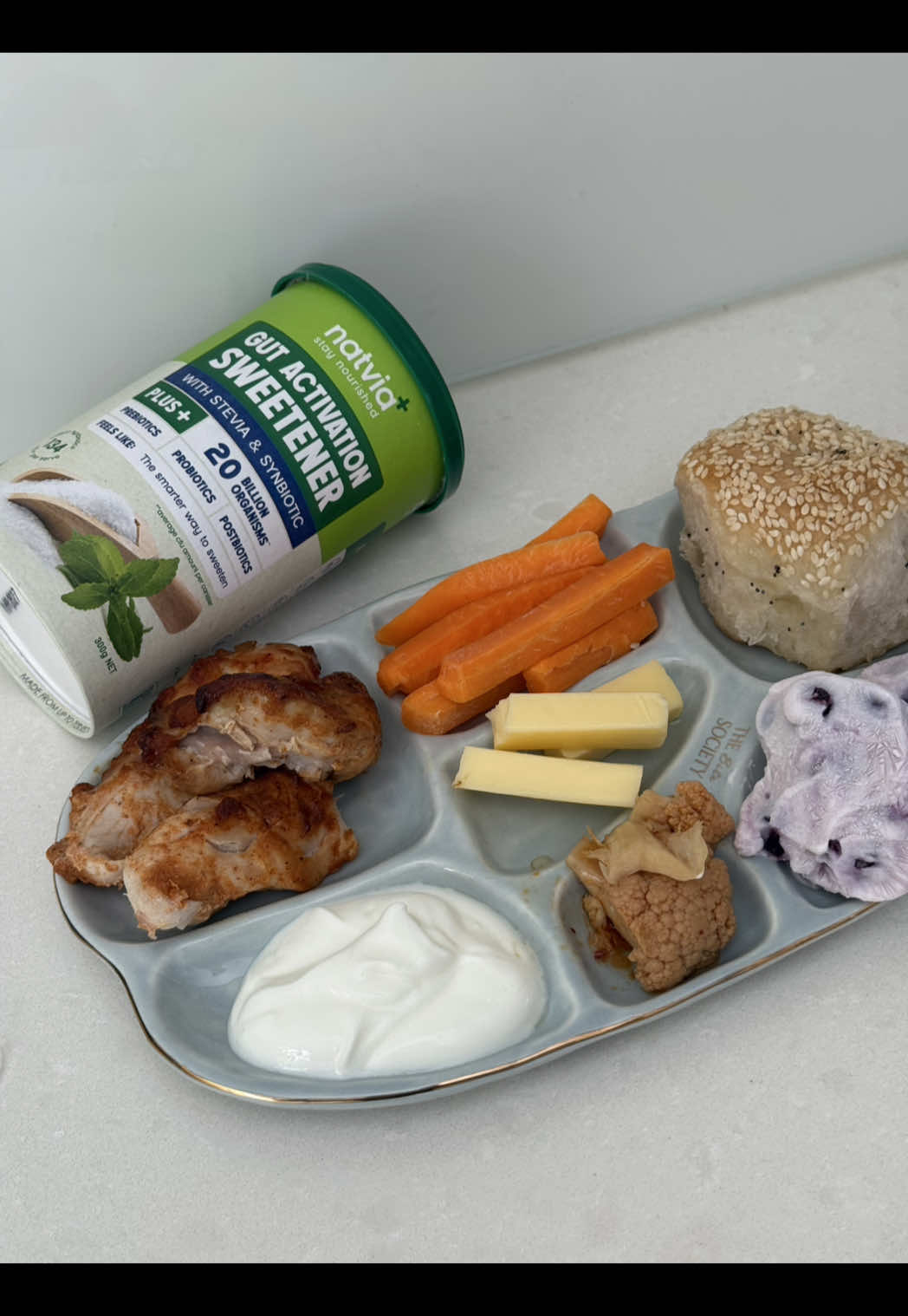 TikTok post by @nutritionbycarly for Natvia. Caption reads: Gut health girl dinner! Nothing fancy - just....