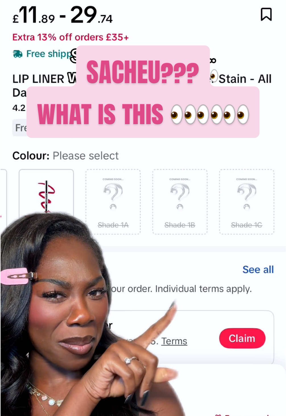 TikTok post by @itsurgrlaisha_ for Sacheu. Caption reads: 👀👀👀 @Sarah Cheung @SACHEU Beauty US @SACHEU UK....