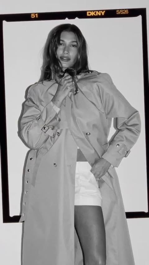 Instagram post by @newsbaldwin for DKNY. Caption reads: Hailey Bieber for @dkny fall collection, you can....