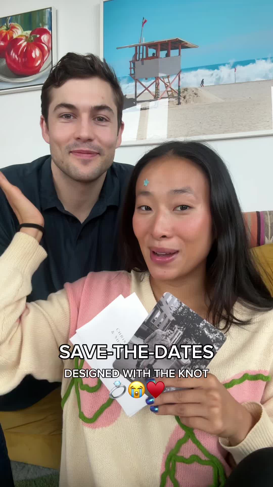 TikTok post by @nadyaokamoto for The Knot. Caption reads: [...] first wedding stationery designed with @The....