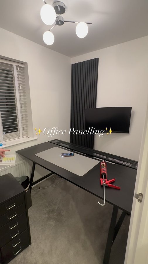 Instagram post by @homewithmichaela for The Wood Veneer Hub. Caption reads: ✨Office Panelling✨

It was a speedy install 🙌🏻....