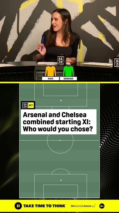 Instagram post by @ainhooaperez for DAZN Football. Caption reads: The ultimate Arsenal x Chelsea Combined XI 🔴x🔵....