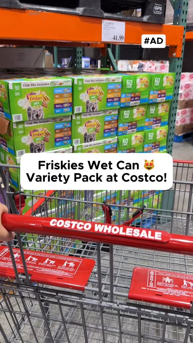 Instagram post by @costcohype for Purina One. Caption reads: #ad @friskies Wet Can Variety Pack is now....