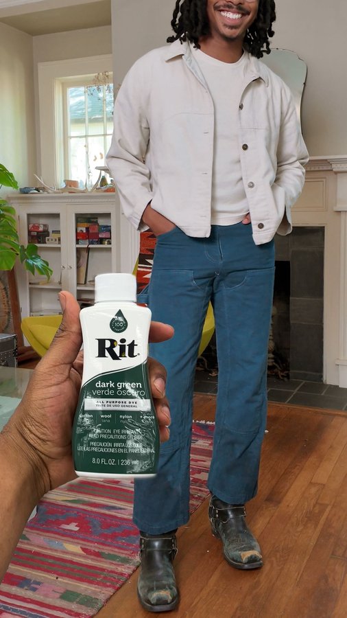 Instagram post by @happilydressed for Rit Dye. Caption reads: Today, I used @ritdye to give these pants I never....