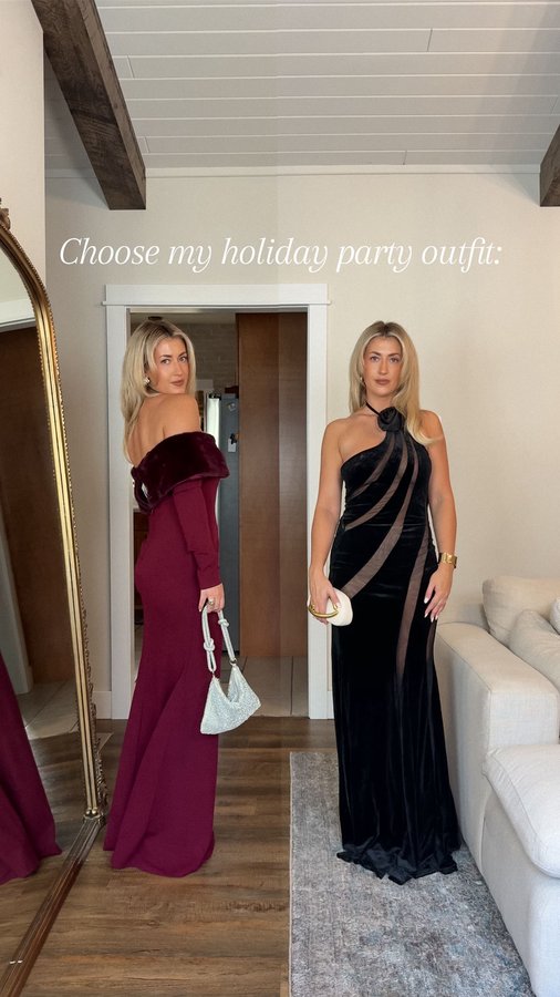 Instagram post by @maddybajczyk for Selfieleslie. Caption reads: Ad. Holiday party season is here ✨ I can’t decide....