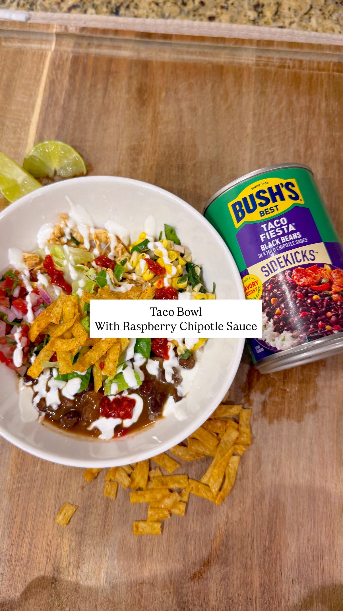 Instagram post by @karen_velderrain for Bush's Beans. Caption reads: Taco Bowl with Raspberry Chipotle Sauce ft.....