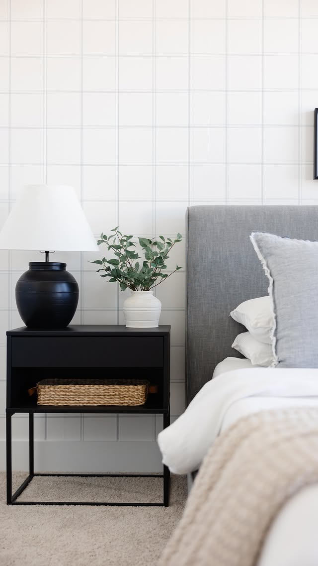 Instagram post by @amberticephoto for Livette's Wallpaper. Caption reads: [...] bedroom refresh. I partnered with....