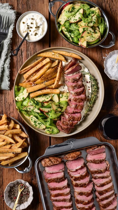 Instagram post by @zimmysnook for Hestan Culinary. Caption reads: Lamb Sirloin Steak Frites with Green Peppercorn....