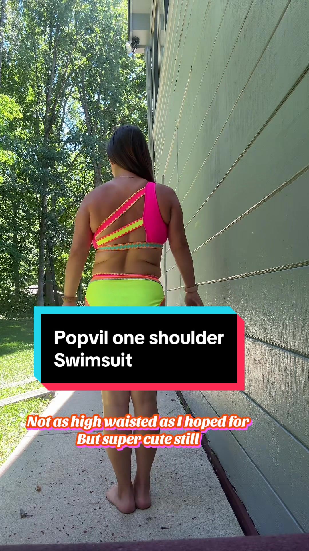 TikTok post by @ashleylendrum for Popvil. Caption reads: Popvil one shoulder swimsuit - so bright and so....