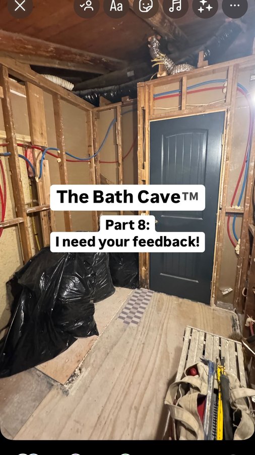 Instagram post by @jojotastic for Overstock. Caption reads: Bath Cave™️ Part 8: I AM THE MOST INDECISIVE....