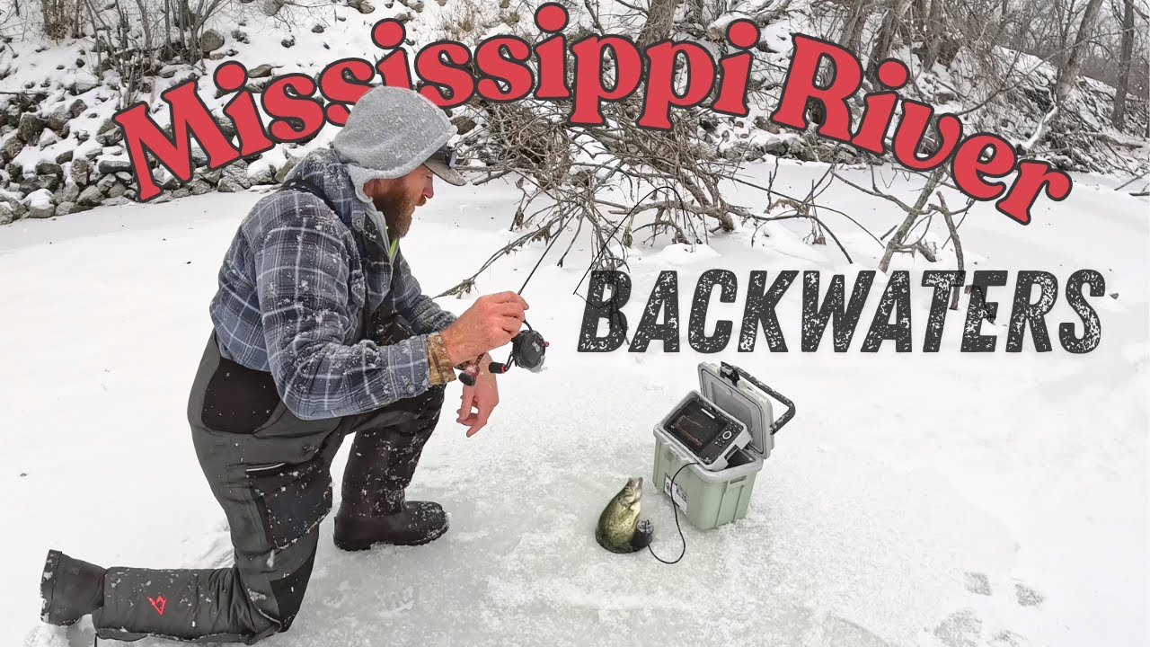 YouTube post by @AnglerX for Piscifun. Caption reads: First Ice on the Mississippi River Backwaters.