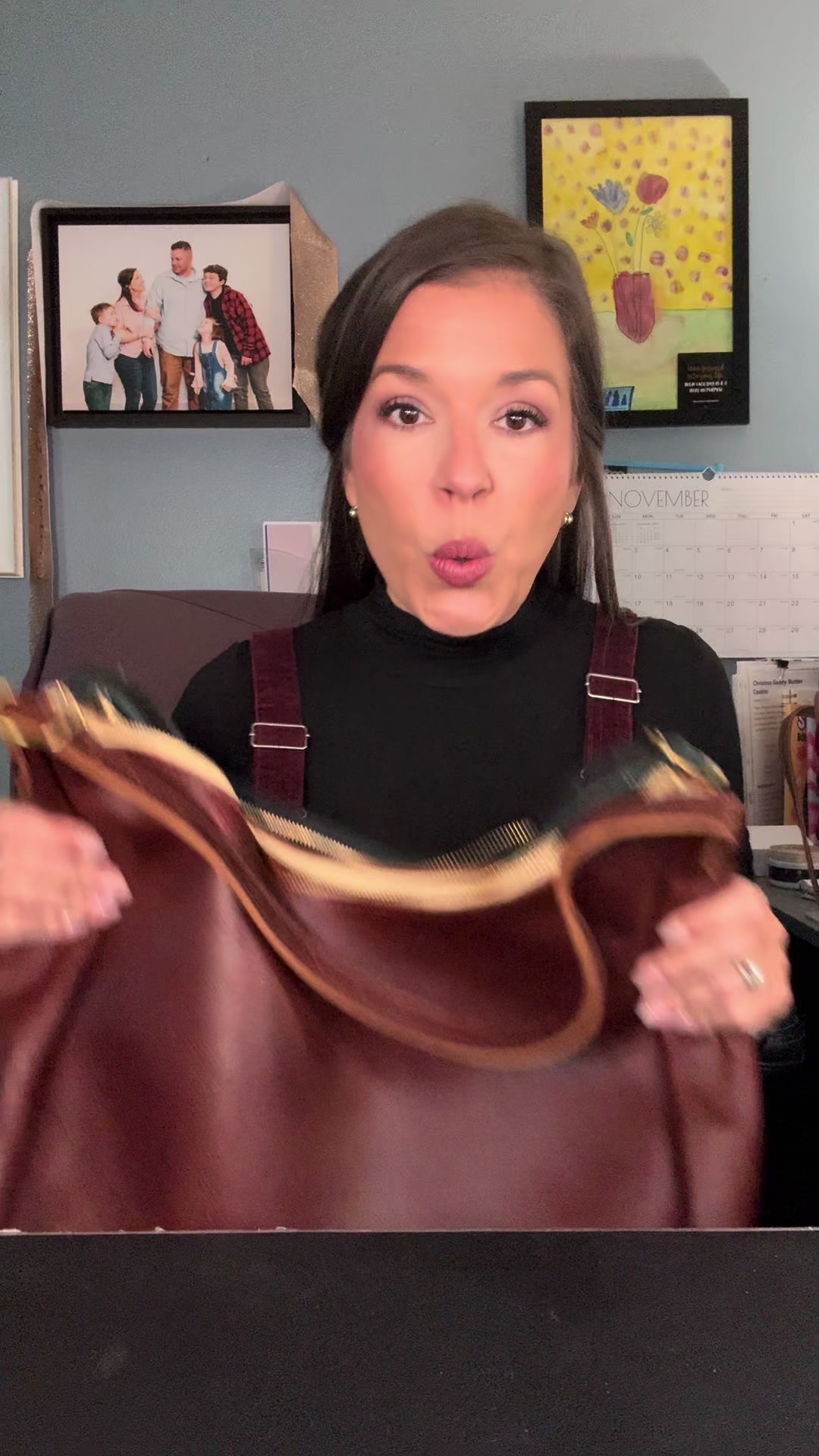 TikTok post by @meagcooper for Portland Leather Goods. Caption reads: Size comparison and a quick bag swap with me for....