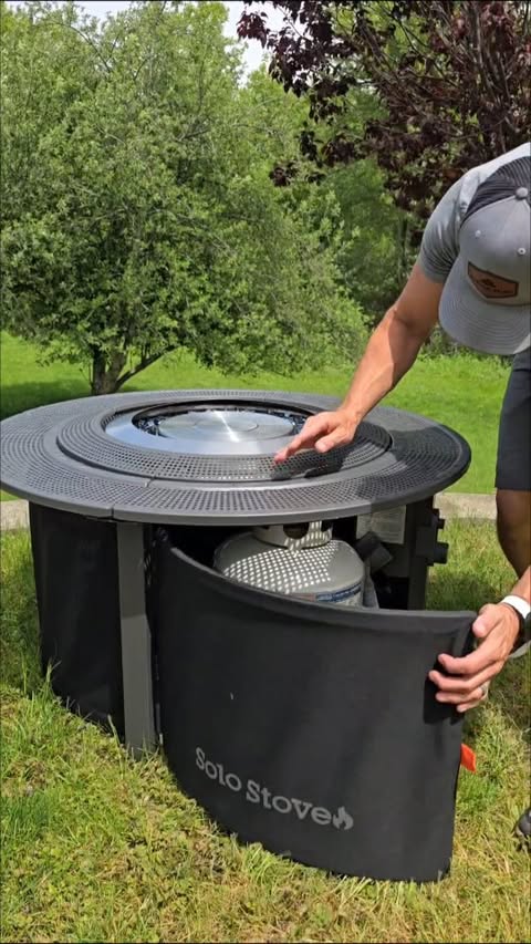 Instagram post by @gobuildstuff for Solo Stove. Caption reads: [...] Infinity Flame propane fire pit from....