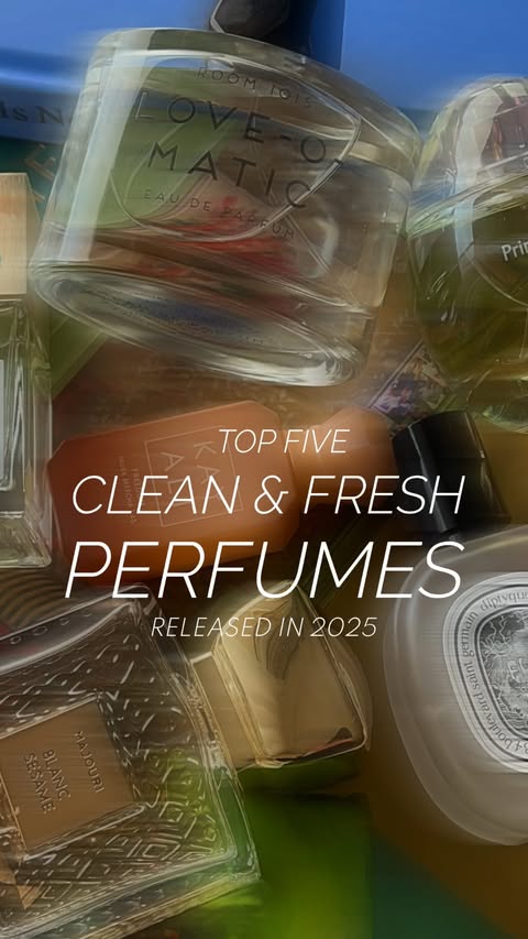 Instagram post by @scented.mind for Carner Barcelona. Caption reads: my TOP FIVE clean & fresh perfumes released in....