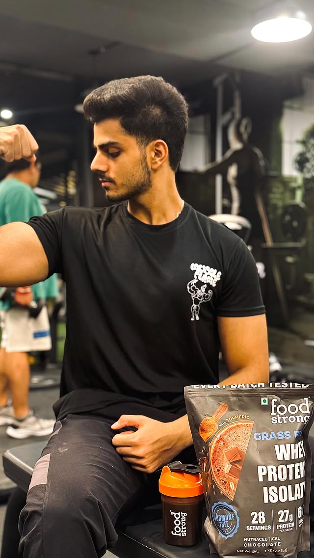 Instagram post by @rishabhduttaa for foodstrong. Caption reads: [...] intense workouts to everyday health,....