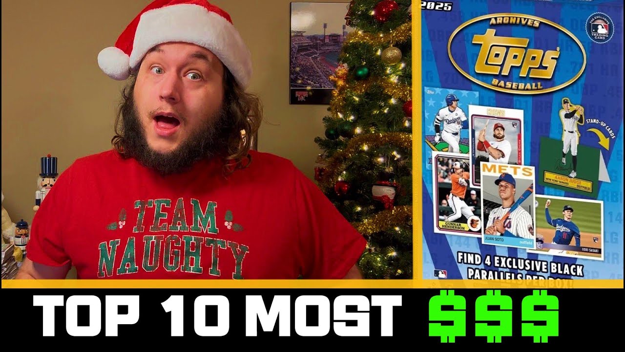 YouTube post by @GripnRipSportsCards for Smackin' Sunflower Seeds. Caption reads: TOP 10 MOST VALUABLE CARDS IN 2025 TOPPS ARCHIVES.