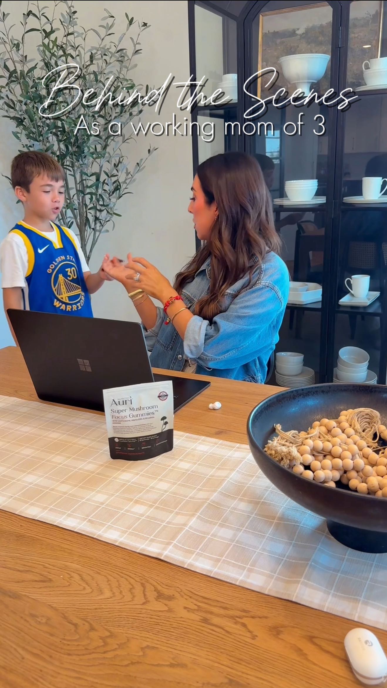 Instagram post by @hey.heather.ray for Auri Nutrition. Caption reads: Summer break + working from home = a game I like....