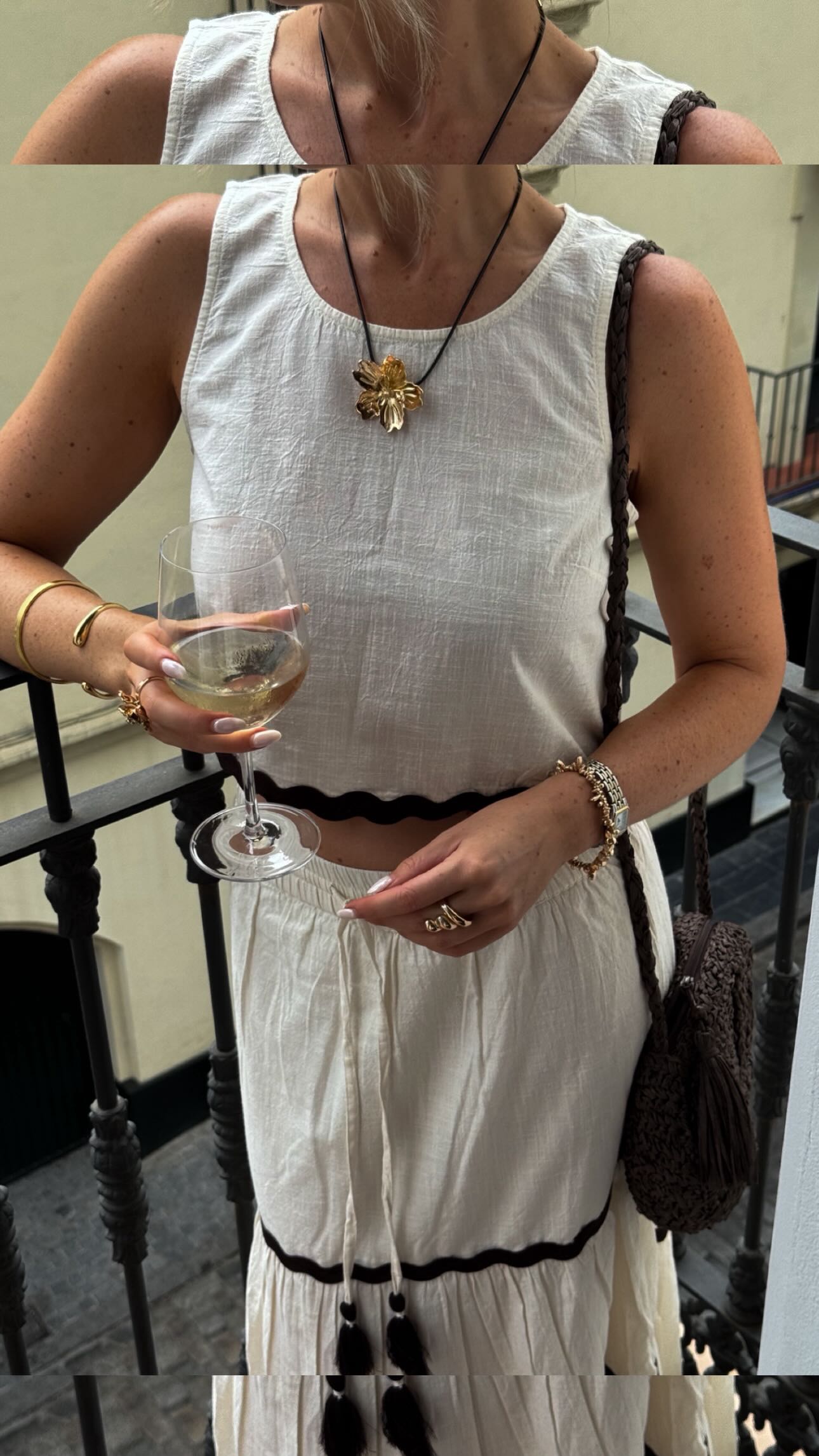 Instagram post by @_katiepeake for Accessorize. Caption reads: Outfits I wore in Seville 🌞🤍🫒🍷 let me know....