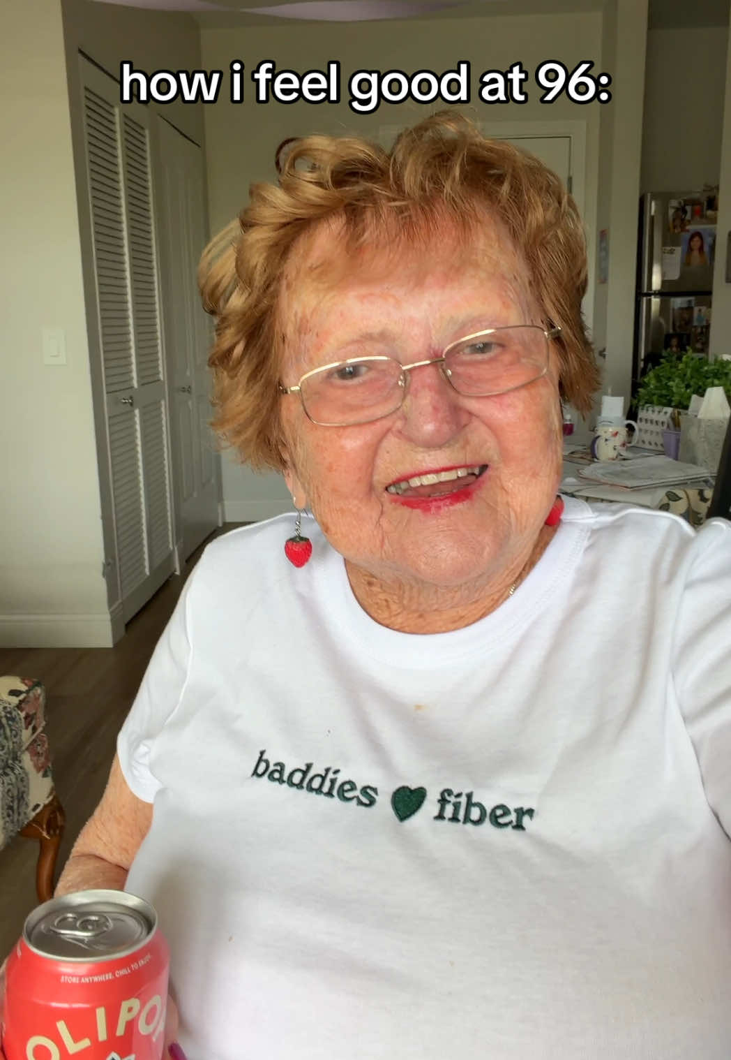 TikTok post by @grandma_droniak for OLIPOP. Caption reads: here’s how i feel good at 96. drinking @OLIPOP....