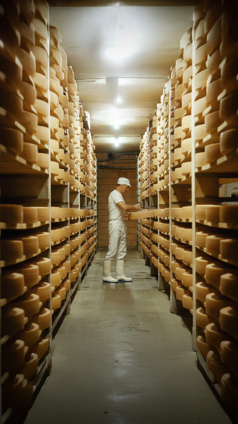 Instagram post by @popivisuals for Switzerland Tourism. Caption reads: In the Swiss Alps, where Gruyère has been crafted....
