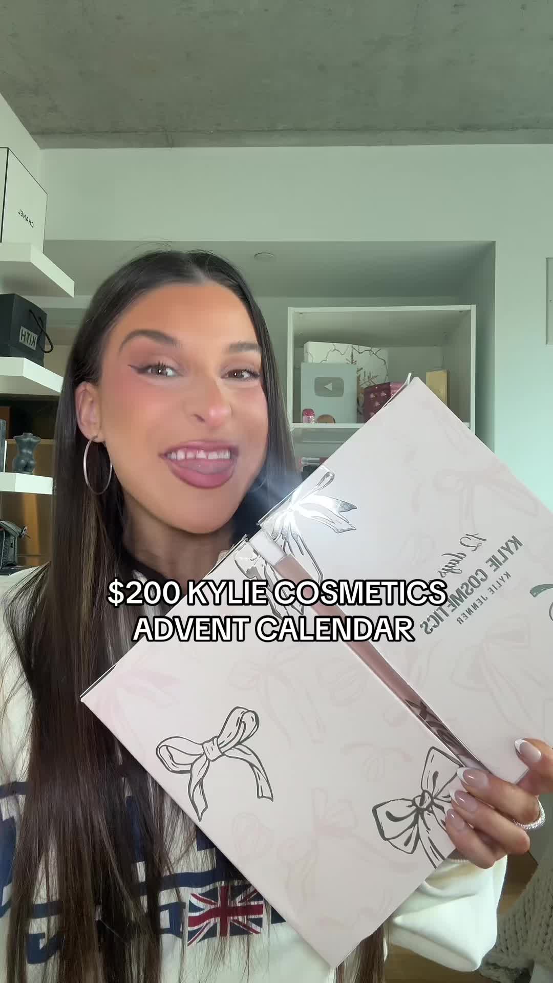 TikTok post by @allierosss for Kylie Cosmetics. Caption reads: $200 @Kylie Cosmetics ADVENT CALENDAR?!?!? ONE OF....