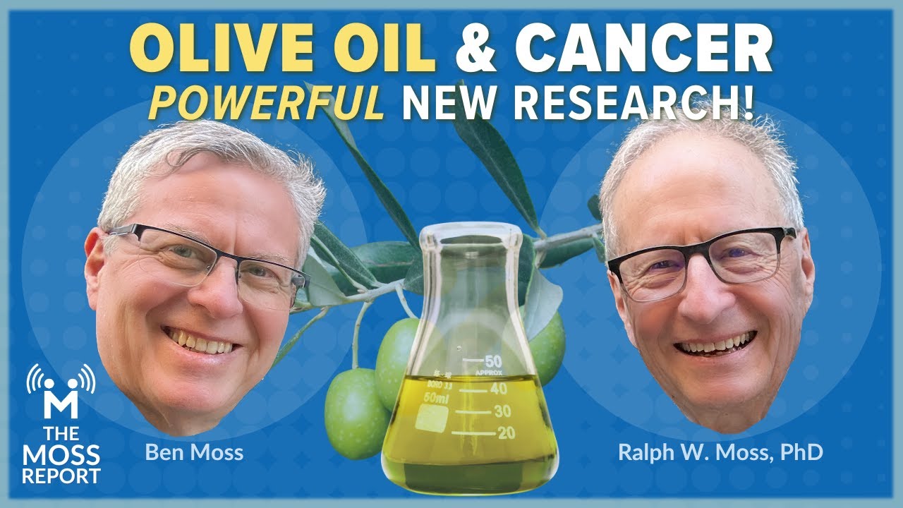 YouTube post by @TheMossReport for Life Extension. Caption reads: Olive Oil & Cancer - Powerful New Research!.