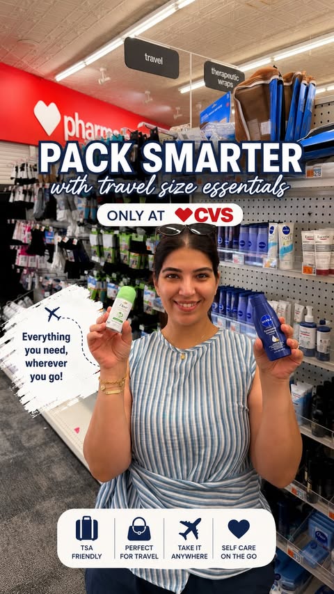 Instagram post by an influencer for CVS Pharmacy. Caption reads: [...] travel essentials? 💙 @cvspharmacy 🔗....