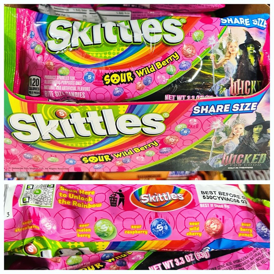 Instagram post by @lookatbradsjunk for SKITTLES. Caption reads: New @skittles tie-in with @wickedmovie is out....