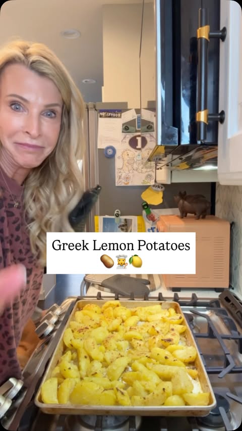 Instagram post by @joan_vassos for Caraway Home. Caption reads: Greek Lemon Potatoes recipe 🍋🥔👩‍🍳

5lbs of....
