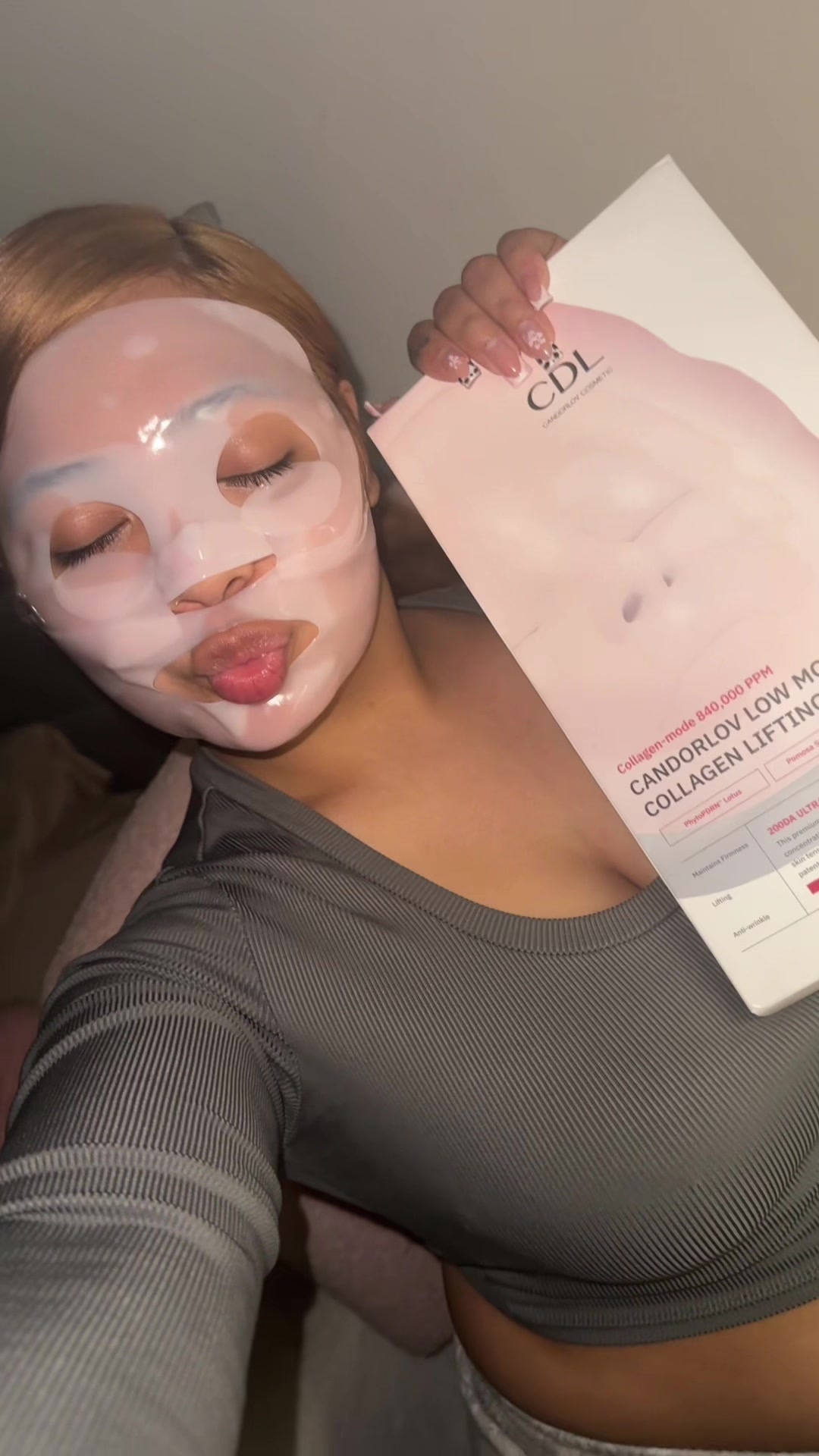 TikTok post by @vxkm0 for Candorlov US. Caption reads: @Candorlov US this collagen gel face mask gives me....