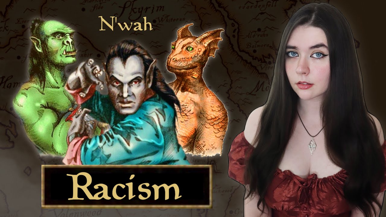 YouTube post by @Angelikatosh for World Anvil. Caption reads: Racism in The Elder Scrolls - A Deep Dive.