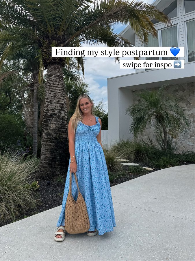 Instagram post by @georgiestevenson for Petalandpup. Caption reads: Postpartum style is a whole new journey 🪞 your....