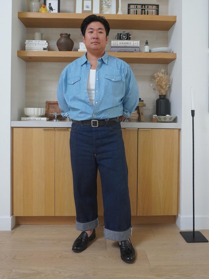 Instagram post by @euge.park for Proper Cloth. Caption reads: Styling the Italian Denim Shirt from @propercloth....