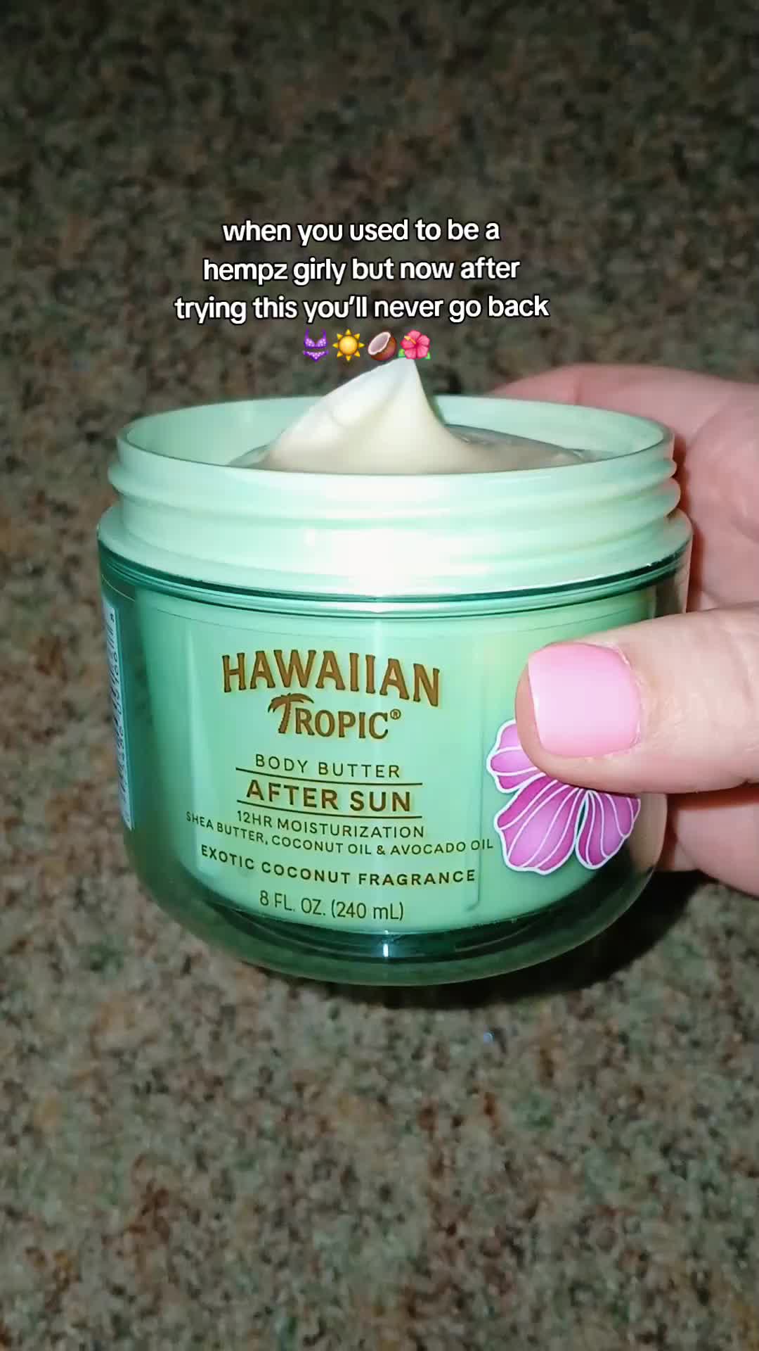TikTok post by @mama16181 for Hawaiian Tropic. Caption reads: smells so good 🥥😍 @Hawaiian Tropic.