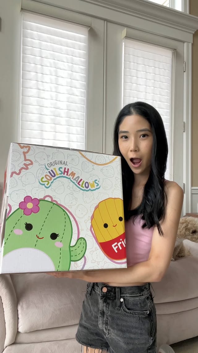 Instagram post by @meili_zzz for Squishmallows. Caption reads: Squishmallows PR unboxing (ft. our favorite guest....