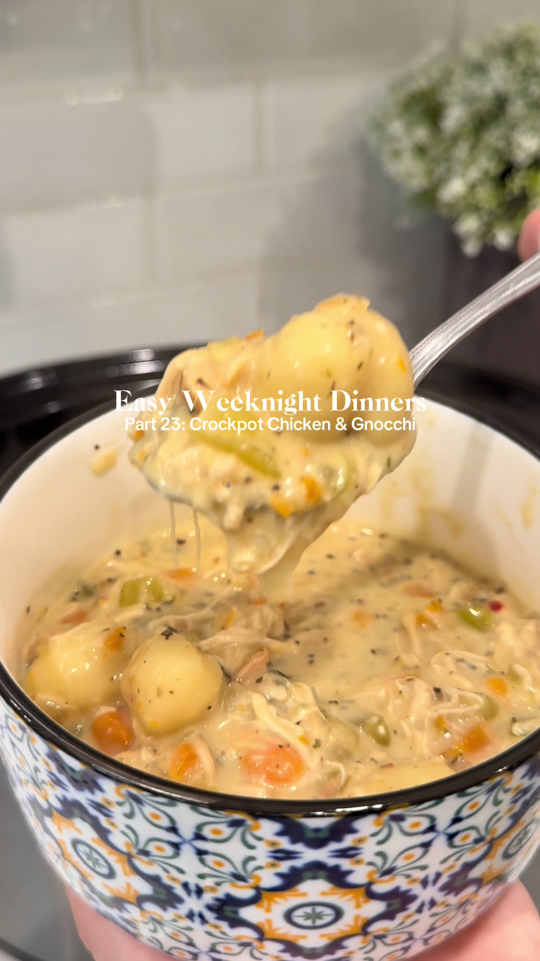 TikTok post by @simplyjadelife for Kinder's. Caption reads: This @Crock-Pot chicken and gnocchi is the coziest....