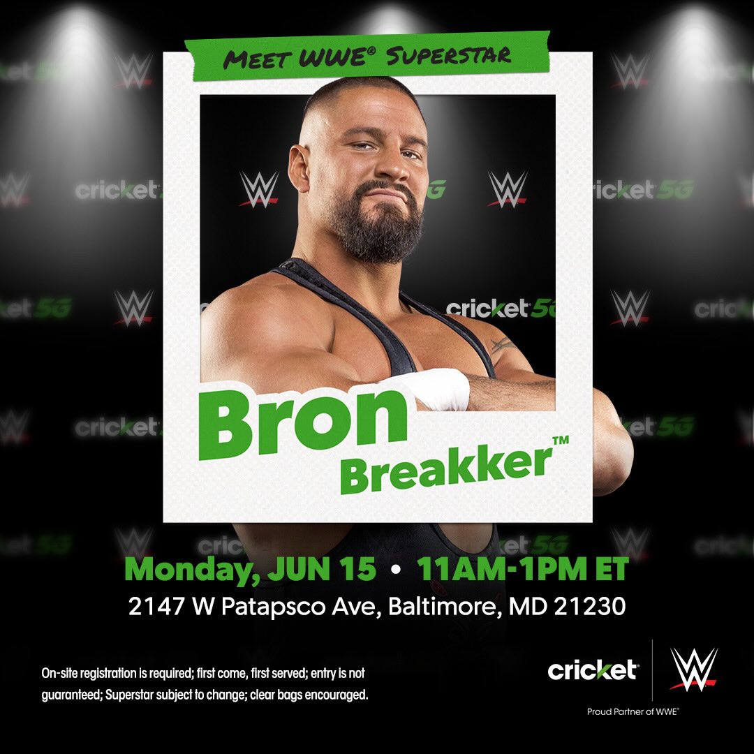 Instagram post by @bronbreakkerwwe for Cricket Wireless. Caption reads: See you soon, Baltimore @cricketwireless !!!....