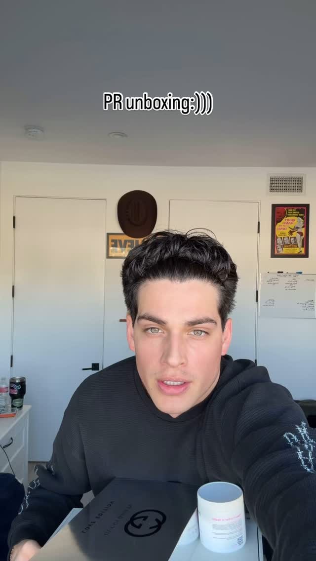 Instagram post by @itscamsworld for FarmacyBeauty. Caption reads: Chaotic PR unboxing for ya:) #skincare #mensbeauty....