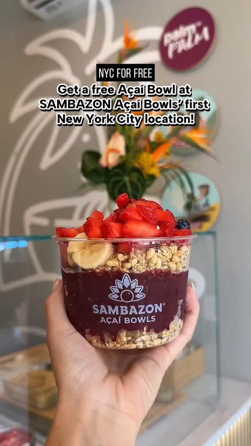 Instagram post by @nyc_forfree for SAMBAZON. Caption reads: Get a free Açaí Bowl at SAMBAZON Açaí Bowls first....