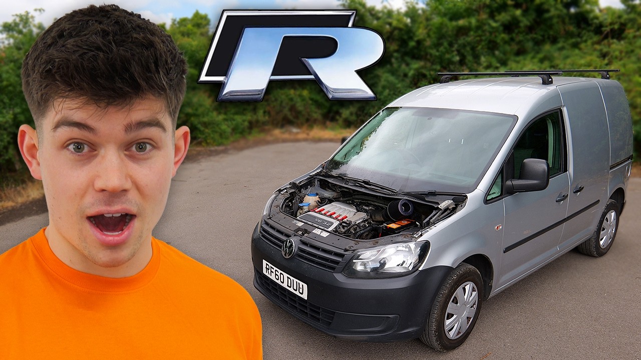 YouTube post by @JackMcNeillCars for Squarespace. Caption reads: I INSTALLED A GOLF R ENGINE INTO A VAN.