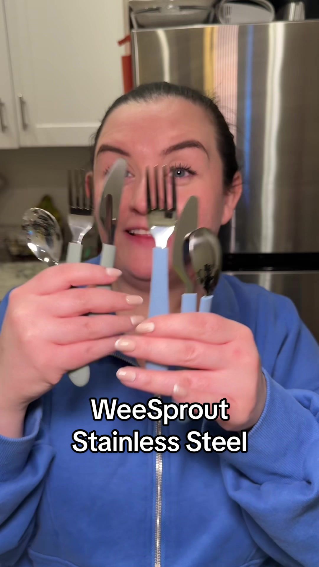 TikTok post by @christina.santiago for WeeSprout. Caption reads: [...] to the baby spoons and forks 🥹 @WeeSprout....